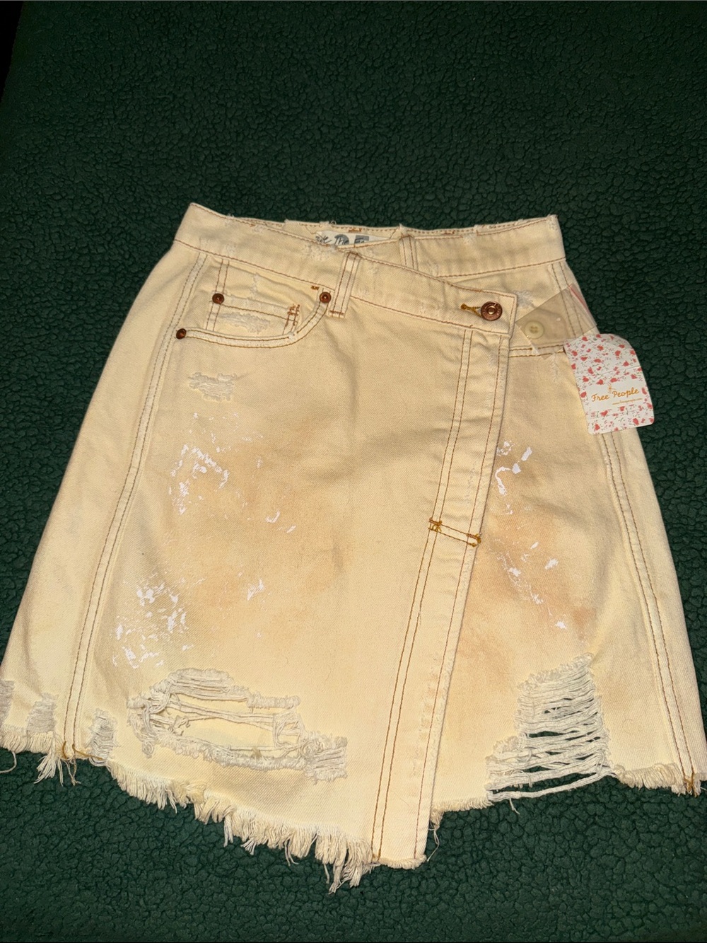 Free People Cream Distressed Wrap Denim Mini Skirt